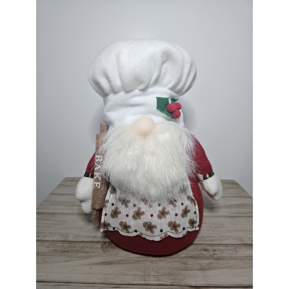Christmas Plush Gingerbread Baker Chef Gnome Figurine Holding BAKE Rolling Pin